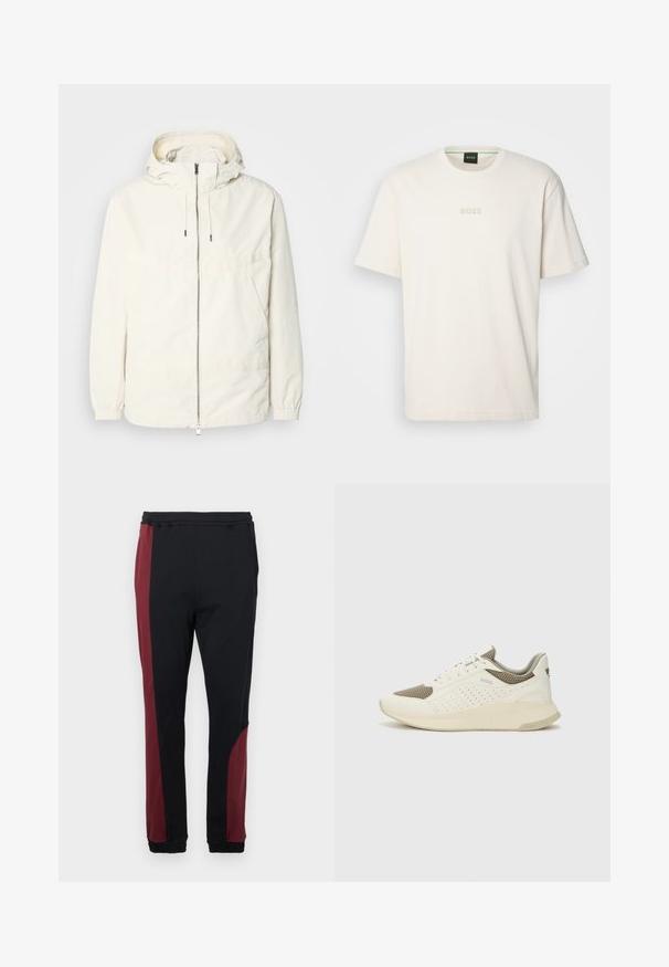 Lightweight, cream-colored jacket with a hood, zip front, elastic cuffs, and a kangaroo pocket. Smooth fabric with minimal stitching details.; BOSS TEE - Basic T-shirt - open white; Black joggers featuring a burgundy side panel, elastic waistband, and cuffs. Made from a smooth, stretchable fabric for comfort.; White and light beige athletic sneaker, featuring a mesh upper, perforated detailing, and a textured midsole with branding on the heel.