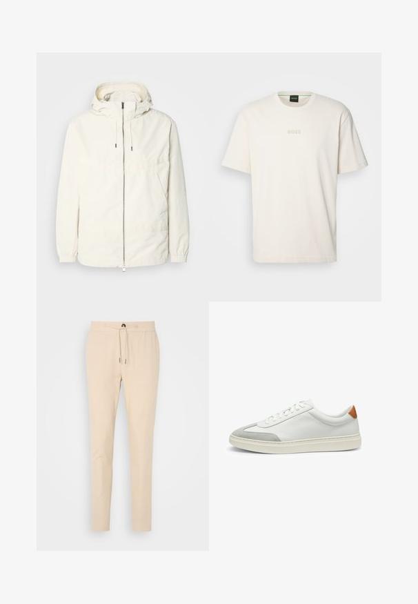 Veste légère de couleur crème avec capuche, fermeture éclair sur le devant, poignets élastiques et poche kangourou. Tissu lisse avec des détails de couture minimaux.; BOSS TEE - T-shirt basique - open white; Pantalons beige fuselés en tissu doux, dotés d'une taille élastique avec cordon de serrage et d'une poche avant. Texture lisse et design subtil.; Baskets en cuir blanc avec des accents en suède gris et un talon en cuir beige. Elles présentent une surface texturée et une semelle légère.