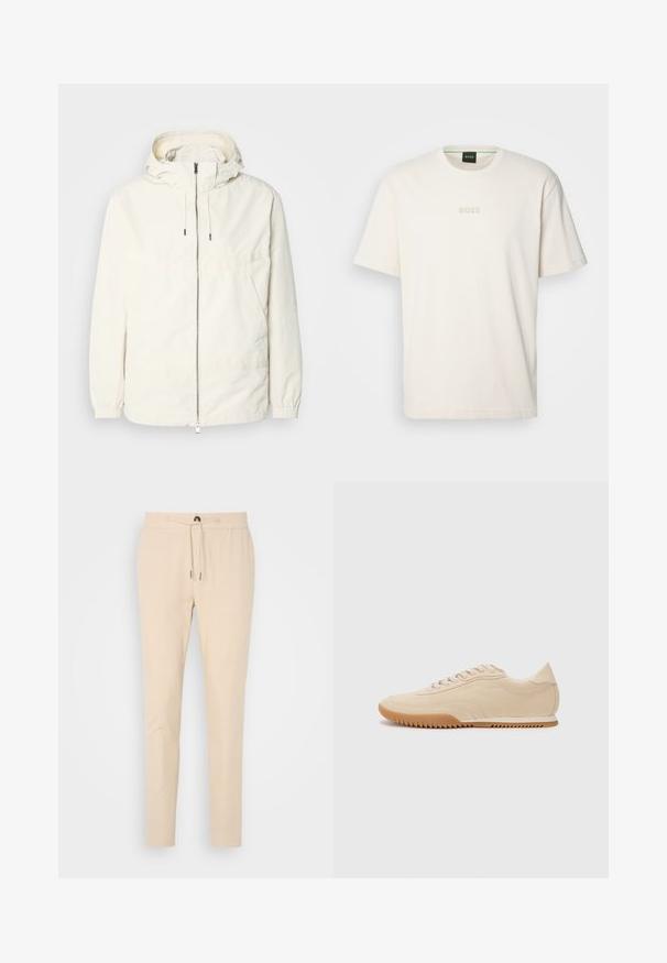 Giacca leggera di colore crema con cappuccio, chiusura frontale con zip, polsini elastici e tasca a marsupio. Tessuto liscio con dettagli di cucitura minimi.; BOSS TEE - T-shirt basic - open white; Pantaloni tapered beige realizzati in tessuto morbido, dotati di vita elastica con cordoncino e una singola tasca frontale. Tessuto liscio e design sobrio.; Sneaker in suede beige con un design snello, caratterizzati da una tomaia texture, punta arrotondata e suola in gomma con un motivo a zigzag.