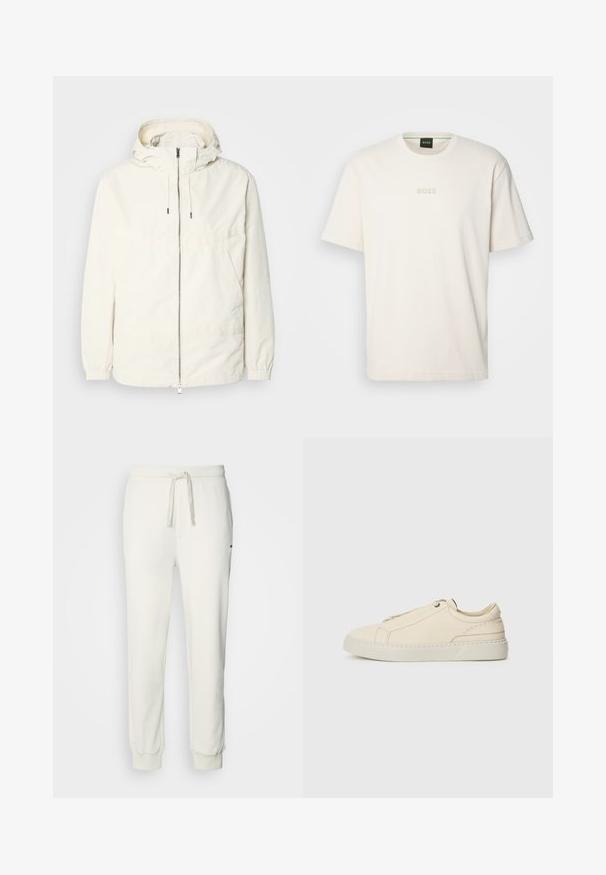 Gaisas, krēmkrāsas jaka ar kapuci, ar rāvējslēdzēju priekšpusē, elastīgām aprocēm un kangaroo kabatu. Gluda auduma virsma ar minimālām šuvju detaļām.; BOSS TEE - Pamata T-krekls - open white; HUGO DAYOTE - Treniņtērpa apakšdaļas - natural; Bežīga ādas kedas ar noapaļotu purngalu, minimālistisku dizainu, smalkiem stīgām un teksturētu virsmu uz gaišas zoles.