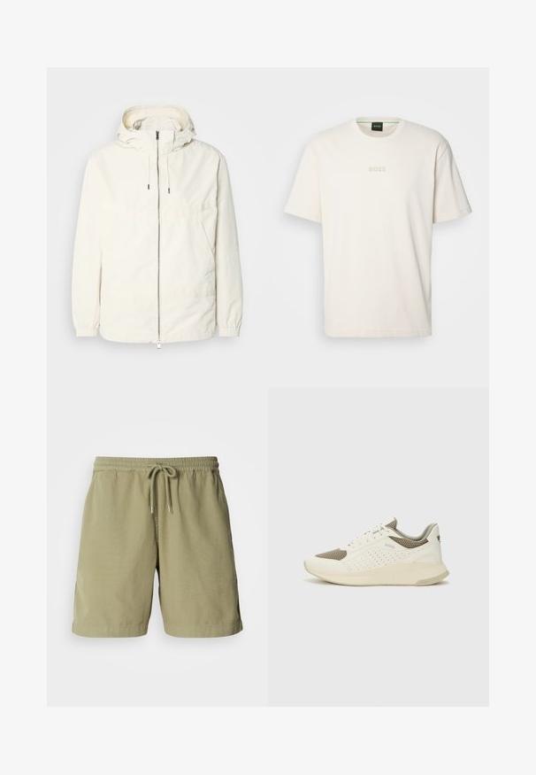 Chaqueta ligera de color crema con capucha, cierre de cremallera en la parte delantera, puños elásticos y un bolsillo tipo canguro. Tejido suave con detalles de costura mínimos.; BOSS TEE - Camiseta básica - open white; Bermudas verde oliva, hechas de algodón, con cintura elástica y cordón, que cuentan con bolsillos laterales y un corte recto. Textura suave.; Zapatilla deportiva en blanco y beige claro, con parte superior de malla, detalles perforados y una mediasuela texturizada con la marca en el talón.