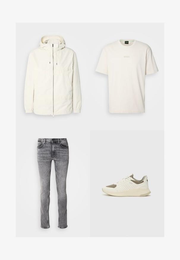 Jachetă ușoară, de culoare crem, cu glugă, fermoar în față, manșete elastice și buzunar tip kangaroo. Material neted cu detalii de cusătură minime.; BOSS TEE - Tricou basic - open white; Jeans din denim gri, cu un design uzat, croială subțire și dreaptă, stil cu cinci buzunare și detalii subtile de uzură pe coapse și genunchi.; Tenis sportivi alb și bej deschis, cu un înveliș din plasă, detalii perforate și o talpă intermediară texturată, având marcaj pe călcâi.