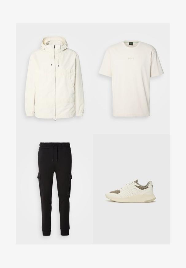 Lightweight, cream-colored jacket with a hood, zip front, elastic cuffs, and a kangaroo pocket. Smooth fabric with minimal stitching details.; BOSS TEE - Basic T-shirt - open white; Black jogger pants made of soft fabric, featuring a drawstring waistband, side cargo pockets, and fitted cuffs. Smooth texture and simple design.; White and light beige athletic sneaker, featuring a mesh upper, perforated detailing, and a textured midsole with branding on the heel.