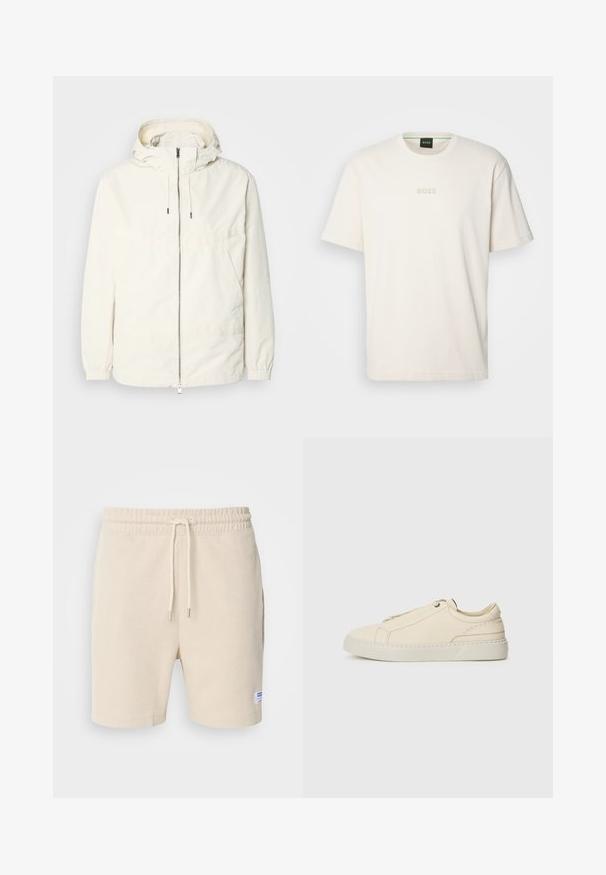 Lehká, krémově zbarvená bunda s kapucí, zipem vpředu, elastickými manžetami a klokaní kapsou. Hladká látka s minimem švových detailů.; BOSS TEE - Jednoduché tričko - open white; Krémové šortky vyrobené z texturované tkaniny. Mají elastický pas s šňůrkou a boční kapsy. Malá nášivka na lemu.; Krémové kožené tenisky s kulatou špičkou, minimalistickým designem, jemnými švy a texturovaným svrškem, na světlé podrážce.