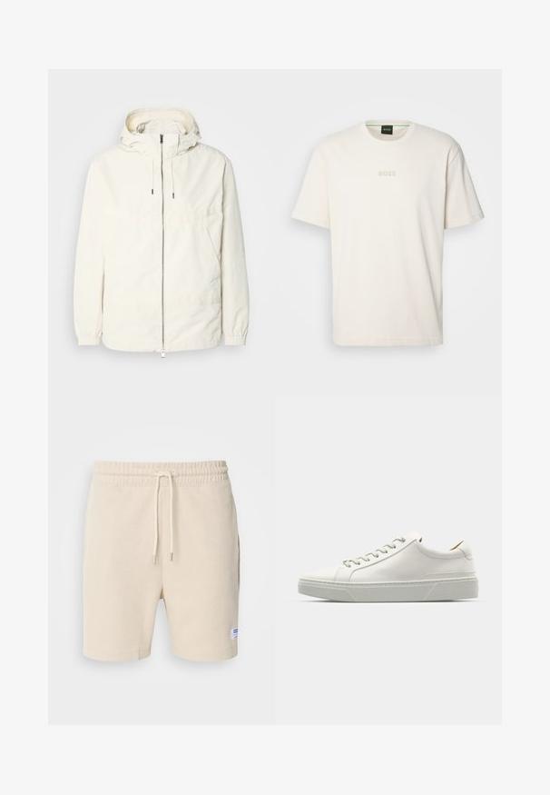 Lichte, crèmekleurige jas met een capuchon, rits aan de voorkant, elastische manchetten en een kangoeroezak. Glad materiaal met minimale stikdetails.; BOSS TEE - T-shirt basic - open white; Crème-kleurige shorts van textiel met een gestructureerde stof. Voorzien van een elastische tailleband met trekkoord en zijzakken. Klein label op de zoom.; Witte leren sneaker met een ronde neus, minimalistisch ontwerp, grijze veters en een gestructureerde grijze rubberen zool. Fijne stikdetails zichtbaar.