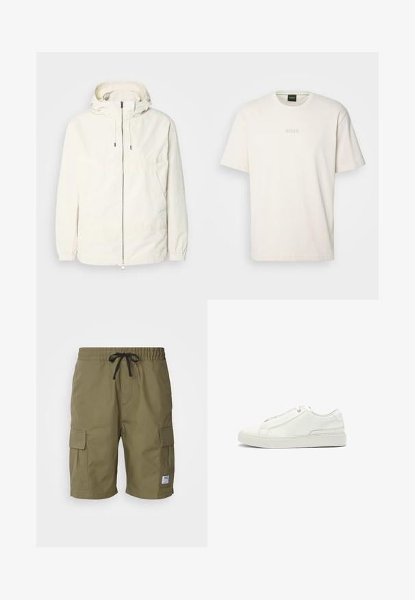 Lichte, crèmekleurige jas met een capuchon, rits aan de voorkant, elastische manchetten en een kangoeroezak. Glad materiaal met minimale stikdetails.; BOSS TEE - T-shirt basic - open white; Olijf groene cargoshorts gemaakt van lichtgewicht stof, met een elastische tailleband met een trekkoord en zijcargo zakken.; Witte leren sneaker met een gestructureerde bovenkant, een ronde neus, minimalistisch ontwerp en een rubberen zool met gestikte details.
