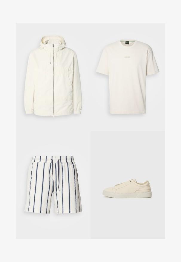 Lengvas, kreminės spalvos švarkas su kapišonu, užtrauktuku priekyje, elastingomis rankovėmis ir kengūros kišene. Lygus audinys su minimaliais siūlių detalėmis.; BOSS TEE - Paprasti marškinėliai - open white; Baldai šortai su vertikaliomis tamsiai mėlynomis juostomis. Savinasi elastinga juosmens juosta su raišteliu. Lengvas audinys su sviesto tekstūra ir tvarkingai užbaigta apačia.; Kreminio odos sportbačiai su apvaliu nosiu, minimalistiniu dizainu, subtiliomis siuvimo detalėmis ir tekstūrine viršutine dalimi, ant šviesios pado.
