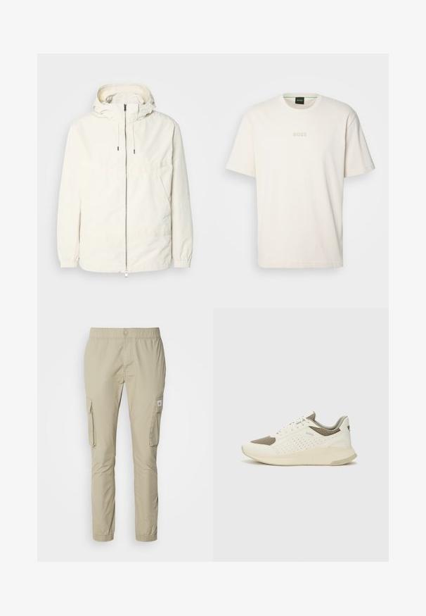 Ľahká, krémová bunda s kapucňou, zipsom vpredu, elastickými manžetami a klokannou vreckom. Hladká tkanina s minimálnymi stehovými detailmi.; BOSS TEE - Základné tričko - open white; Béžové cargo nohavice s elastickým pásom, dvoma bočnými cargo vreckami a hladkou textúrou. Obsahujú malú logo nášivku na vrecku.; Biele a svetlo béžové športové tenisky s hornou časťou z mriežkového materiálu, perforovanými detailmi a textúrovanou medzipodrážkou s logom na päte.