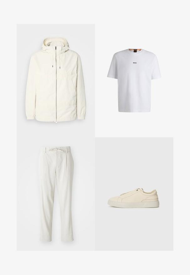 Lengvas, kreminės spalvos švarkas su kapišonu, užtrauktuku priekyje, elastingomis rankovėmis ir kengūros kišene. Lygus audinys su minimaliais siūlių detalėmis.; Balta medvilninė marškinėliai trumpomis rankovėmis, su juodu "BOSS" logotipu, centruotu ant krūtinės, ir apvaliu kaklo dizainu.; Šviesiai smėlio spalvos kelnės su laisvu siluetu, elastiniu liemeniu ir priekinėmis klostėmis. Pagamintos iš minkštos medžiagos, puikuojasi surišamu liemeniu.; Kreminio odos sportbačiai su apvaliu nosiu, minimalistiniu dizainu, subtiliomis siuvimo detalėmis ir tekstūrine viršutine dalimi, ant šviesios pado.