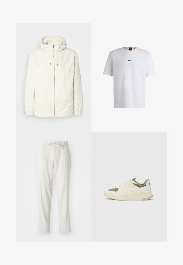 Lahka, svetločrna jakna s kapuco, z zadrgo spredaj, elastičnimi manšetami in kenguru žepom. Gladka tkanina z minimalnimi šivi.; Bela bomba iz bombaža s kratkimi rokavi, ki ima črni logotip "BOSS" na sredini prsnega dela in okroglo obliko ovratnika.; Svetlo bež hlače s sproščenim krojem, elastičnim pasom in sprednjimi naborki. Narejene so iz mehkega blaga in imajo detajl zavezovanja okoli pasu.; Beli in svetlo bež športni copat, s mrežastim zgornjim delom, perforiranimi detajli in teksturirano srednjim delom z blagovno znamko na peti.