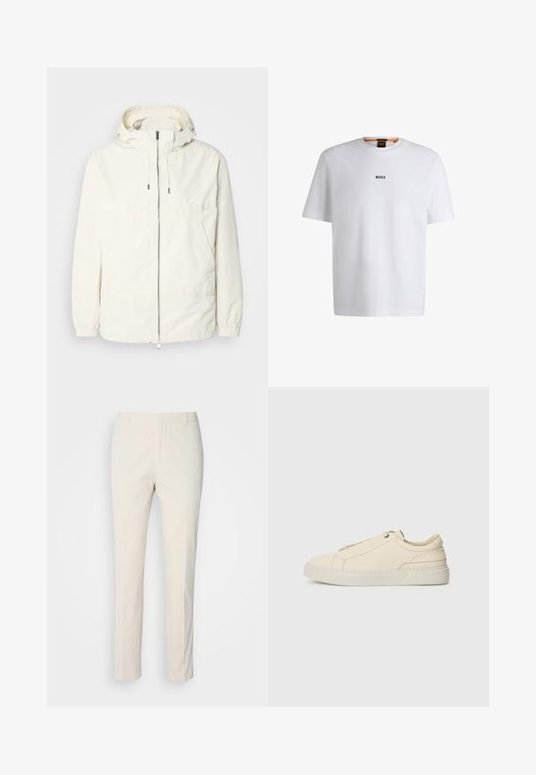 Veste légère de couleur crème avec capuche, fermeture éclair sur le devant, poignets élastiques et poche kangourou. Tissu lisse avec des détails de couture minimaux.; T-shirt en coton blanc à manches courtes, avec un logo noir "BOSS" centré sur la poitrine et un design à col rond.; Pantalons ajustés de couleur crème en tissu texturé. Présentent une coupe droite, des passants de ceinture et deux poches avant. Sans motifs.; Baskets en cuir beige avec une toe arrondie, un design minimaliste, des détails de couture subtils et une tige texturée, sur une semelle claire.
