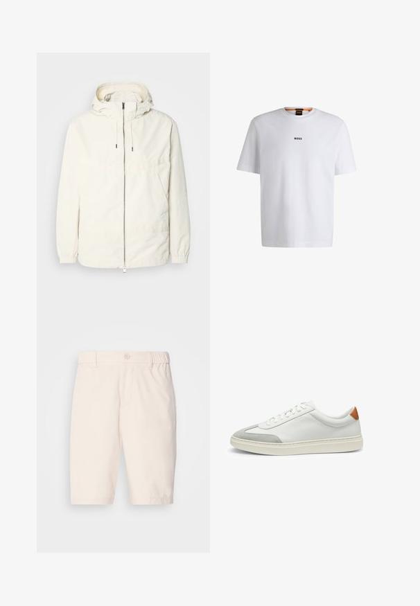 Kevyt, kermaisen valkoinen takki, jossa on huppu, vetoketjusuljenta, joustavat hihansuut ja kengurupocket. Sujuva kangas, jossa on minimaalista ompelutapaa.; Valkoinen puuvillapaita lyhyillä hihoilla, jossa on musta "BOSS"-logo keskellä rintaa ja pyöreä pääntie.; Beige-shortsit, jotka on valmistettu kevyestä kankaasta, jossa on nappikiinnitys, joustava vyötärö, sivutaskut ja polvipituinen leikkaus.; Valkoiset nahkakengät, joissa on harmaat mikrokuituakkentit ja vaaleanruskea nahkakanta. Ominaisuuksiin kuuluu teksturoitu pinta ja kevyt pohja.