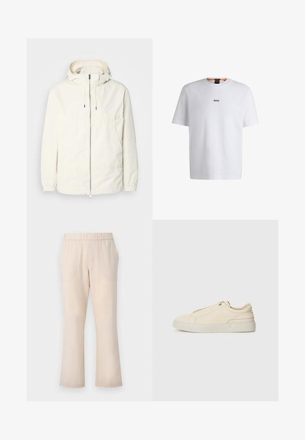 Gaisas, krēmkrāsas jaka ar kapuci, ar rāvējslēdzēju priekšpusē, elastīgām aprocēm un kangaroo kabatu. Gluda auduma virsma ar minimālām šuvju detaļām.; Balta kokvilnas T-kreklu ar īsām piedurknēm, ar melnu "BOSS" logotipu centrā uz krūšu un apļa formas kakla dizainu.; Bēši uzbāzīgi bikses ar elastīgu jostasvietu, divām priekšējām kabatām un gludu kokvilnas tekstūru. Nav redzamu rakstu vai metāla detaļu.; Bežīga ādas kedas ar noapaļotu purngalu, minimālistisku dizainu, smalkiem stīgām un teksturētu virsmu uz gaišas zoles.