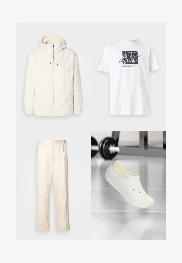 Gaisas, krēmkrāsas jaka ar kapuci, ar rāvējslēdzēju priekšpusē, elastīgām aprocēm un kangaroo kabatu. Gluda auduma virsma ar minimālām šuvju detaļām.; Balts kokvilnas T-krekls ar melnbaltu grafisko dizainu un uzrakstu. Īsas piedurknes un apaļa kakla izgriezuma forma.; Bežā krāsā auduma bikses ar taisnu kāju griezumu, pievienotām pogu aizdares un priekšējiem krokām papildu detaļām.; Baltas slip-on apavi ar gludu, teksturētu virsmu, kas aprīkoti ar divām ventilācijas atverēm un izliekta dizaina. Zīmola logo redzams uz sāniem.
