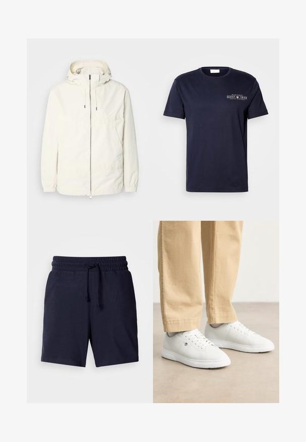 Lahka, svetločrna jakna s kapuco, z zadrgo spredaj, elastičnimi manšetami in kenguru žepom. Gladka tkanina z minimalnimi šivi.; Mornarsko bombažno majico z okroglim izrezom, kratkimi rokavi in sprednjim tiskom z napisom "GANT 1949" v beli barvi. Gladka tekstura, klasičen kroj.; Temno modri šortki s sproščenim krojem, elastičnim pasom in nastavljivo vrvico. Lahka tkanina z gladko teksturo.; Bele usnjene športne copate z gladko površino, okroglo konico, vezalni dizajn in subtilno logotipno podrobnost na strani, v kombinaciji s bež hlačami.