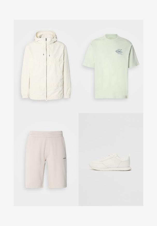 Lichte, crèmekleurige jas met een capuchon, rits aan de voorkant, elastische manchetten en een kangoeroezak. Glad materiaal met minimale stikdetails.; Lichtgroene katoenen t-shirt met korte mouwen, ronde hals, en een blauw logo met "Calvin Klein" en "CK" op de linkerkant van de borst.; Lichtbeige sweatshirt shorts van een katoenmix, met een elastische tailleband, zijzakken en een klein zwart logo-detail op één been.; Witte sneaker met een bovenwerk van mesh en synthetisch materiaal, ronde neus, platte veters en een getextureerde zijstrip. Rubberen zool met een lusje aan de achterkant.