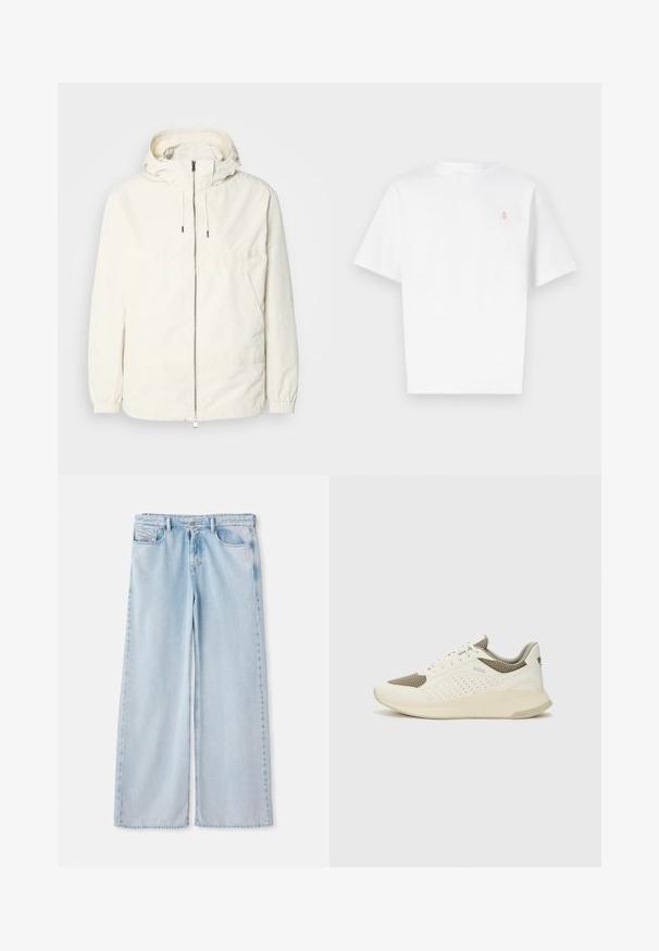 Chaqueta ligera de color crema con capucha, cierre de cremallera en la parte delantera, puños elásticos y un bolsillo tipo canguro. Tejido suave con detalles de costura mínimos.; Camiseta de algodón blanca con mangas cortas, un cuello redondo y un pequeño logo naranja en el pecho. Textura suave, corte estándar.; Vaqueros anchos de color azul claro con un diseño clásico de cinco bolsillos, que cuentan con una cinturilla estándar y dobladillo sin terminar. Textura de denim suave con un ligero desgaste.; Zapatilla deportiva en blanco y beige claro, con parte superior de malla, detalles perforados y una mediasuela texturizada con la marca en el talón.