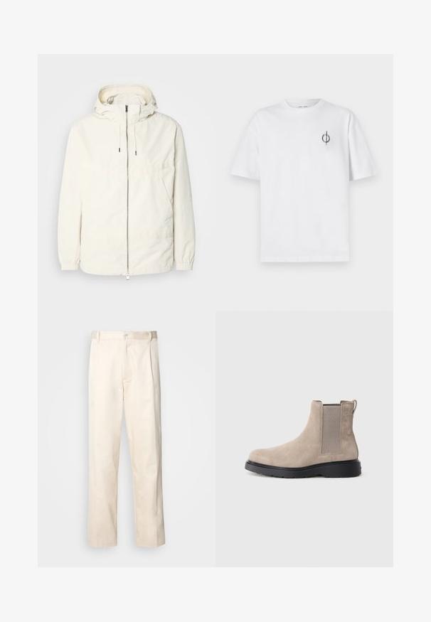 Lightweight, cream-colored jacket with a hood, zip front, elastic cuffs, and a kangaroo pocket. Smooth fabric with minimal stitching details.; White cotton t-shirt with a relaxed fit, featuring a small black graphic logo on the left chest area. Short sleeves, crew neck style.; Beige cotton trousers with a straight-leg cut, featuring a button closure and pleats at the front for added detail.; Beige suede Chelsea boot with elastic side panels, a pull tab, and a black rubber sole. Sleek, rounded toe design.