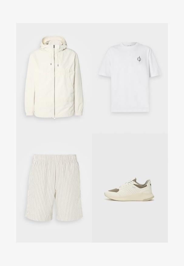 Veste légère de couleur crème avec capuche, fermeture éclair sur le devant, poignets élastiques et poche kangourou. Tissu lisse avec des détails de couture minimaux.; T-shirt en coton blanc avec une coupe décontractée, présentant un petit logo graphique noir sur le côté gauche de la poitrine. Manches courtes, col rond.; Shorts rayés en tissu léger et respirant. Couleur blanc cassé avec de fines rayures verticales grises. Taille élastique.; Basket de sport blanche et beige clair, avec une tige en maille, des détails perforés et une semelle intermédiaire texturée avec un logo sur le talon.