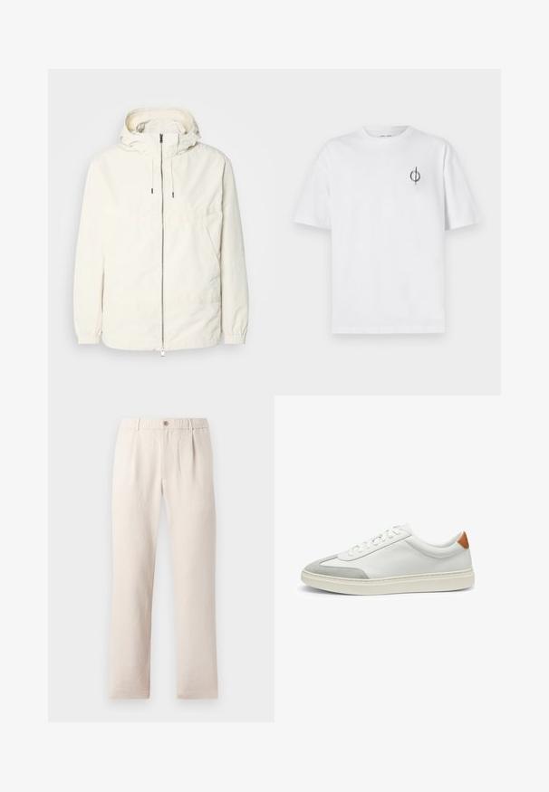 Lightweight, cream-colored jacket with a hood, zip front, elastic cuffs, and a kangaroo pocket. Smooth fabric with minimal stitching details.; White cotton t-shirt with a relaxed fit, featuring a small black graphic logo on the left chest area. Short sleeves, crew neck style.; Beige trousers with an elastic waistband and button at the front, featuring a straight-leg design and a smooth, textured fabric.; White leather sneakers with gray suede accents and a tan leather heel tab. Features a textured surface and lightweight sole.