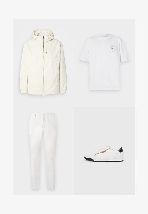 Chaqueta ligera de color crema con capucha, cierre de cremallera en la parte delantera, puños elásticos y un bolsillo tipo canguro. Tejido suave con detalles de costura mínimos.; Camiseta de algodón blanca con un corte relajado, con un pequeño logotipo gráfico negro en el área del pecho izquierdo. Mangas cortas, estilo cuello redondo.; Pantalones blancos con un corte ajustado, presentan una parte delantera lisa, dos bolsillos laterales y un bolsillo trasero sencillo. Elaborados con una tela suave.; Zapatillas deportivas blancas con acentos de malla y cuero. Presentan un logotipo dorado de "BOSS", paneles laterales texturizados y una tapa de talón negra. Suela de goma.