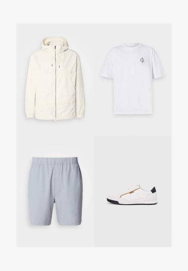 Gaisas, krēmkrāsas jaka ar kapuci, ar rāvējslēdzēju priekšpusē, elastīgām aprocēm un kangaroo kabatu. Gluda auduma virsma ar minimālām šuvju detaļām.; Bāla kokvilnas t-kreklu ar brīvu piegulšanu, kuram uz kreisā krūšu apvidus ir neliels melns grafiskais logotips. Īsas piedurknes, apaļas kakla izgriezums.; Gai pelēki peldbikses ar elastīgu jostu, divām sānu kabatām un gludu, vieglu audumu. Nav redzamu rakstu vai rotājumu.; Baltijas krāsā baltas sporta kurpes ar acu un ādas akcentiem. Iezīmējas ar zelta "BOSS" logo, teksturētām sānu paneļiem un melnu papēža kapu. Gumijas zole.