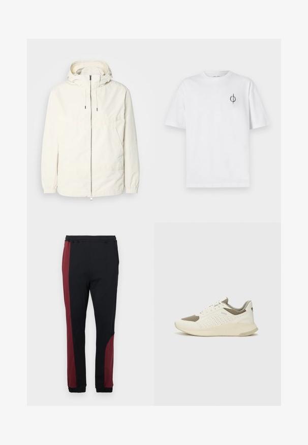 Lightweight, cream-colored jacket with a hood, zip front, elastic cuffs, and a kangaroo pocket. Smooth fabric with minimal stitching details.; White cotton t-shirt with a relaxed fit, featuring a small black graphic logo on the left chest area. Short sleeves, crew neck style.; Black joggers featuring a burgundy side panel, elastic waistband, and cuffs. Made from a smooth, stretchable fabric for comfort.; White and light beige athletic sneaker, featuring a mesh upper, perforated detailing, and a textured midsole with branding on the heel.