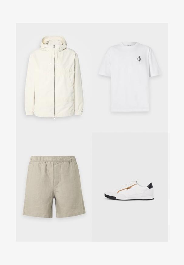 Lekka, kremowa kurtka z kapturem, zapinana na zamek, z elastycznymi mankietami i kieszenią typu kangur. Gładki materiał z minimalnymi detalami szwów.; Biała bawełniana koszulka o luźnym kroju, z małym czarnym graficznym logo na lewej piersi. Krótkie rękawy, klasyczny okrągły dekolt.; Jasnobeżowe lniane szorty z elastycznym pasem, o prostym kroju i bocznych szwach. Gładka, przewiewna faktura.; Białe buty sportowe z siateczkowymi i skórzanymi akcentami. Posiadają złote logo "BOSS", teksturowane boczne panele i czapkę pięty w kolorze czarnym. Gumowa podeszwa.