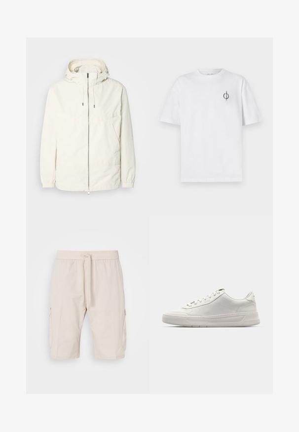 Lahka, svetločrna jakna s kapuco, z zadrgo spredaj, elastičnimi manšetami in kenguru žepom. Gladka tkanina z minimalnimi šivi.; Bela bombažna majica s sproščenim krojem, ki ima majhen črn grafični logotip na levem prsnem delu. Kratke rokave, okrogel izrez.; Beige kratke hlače iz platna z elastičnim pasom in vrvico, ki imajo dva stranska žepa in gladek, lahek material.; Bele superge z gladkim usnjem, okroglo konico, vezalni sistem in debelim gumijastim podplatom. Diskreten logotip na strani.
