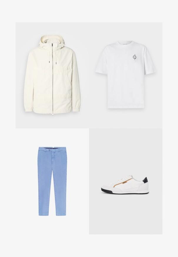 Chaqueta ligera de color crema con capucha, cierre de cremallera en la parte delantera, puños elásticos y un bolsillo tipo canguro. Tejido suave con detalles de costura mínimos.; Camiseta de algodón blanca con un corte relajado, con un pequeño logotipo gráfico negro en el área del pecho izquierdo. Mangas cortas, estilo cuello redondo.; Pantalones casuales de hombre en azul claro con cierre de botón, trabillas para cinturón y bolsillos laterales, presentados sobre un fondo blanco.; Zapatillas deportivas blancas con acentos de malla y cuero. Presentan un logotipo dorado de "BOSS", paneles laterales texturizados y una tapa de talón negra. Suela de goma.