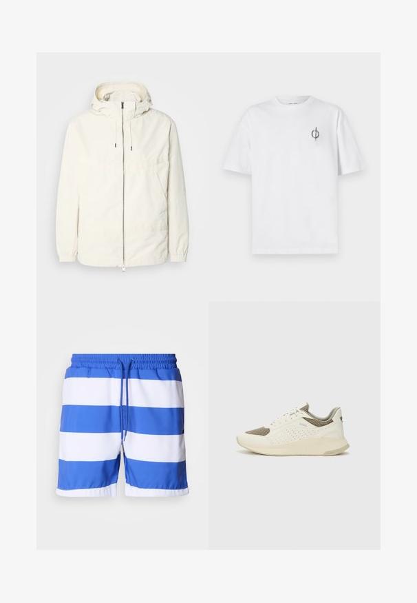 Lekka, kremowa kurtka z kapturem, zapinana na zamek, z elastycznymi mankietami i kieszenią typu kangur. Gładki materiał z minimalnymi detalami szwów.; Biała bawełniana koszulka o luźnym kroju, z małym czarnym graficznym logo na lewej piersi. Krótkie rękawy, klasyczny okrągły dekolt.; Niebiesko-białe szorty kąpielowe w paski, wykonane z lekkiego materiału, z elastycznym pasem ze sznurkiem i gładką fakturą.; Białe i jasnobeżowe sneakersy sportowe, z siateczkową cholewką, perforowanymi detalami oraz teksturowaną podeszwą śródstopia z brandingiem na pięcie.