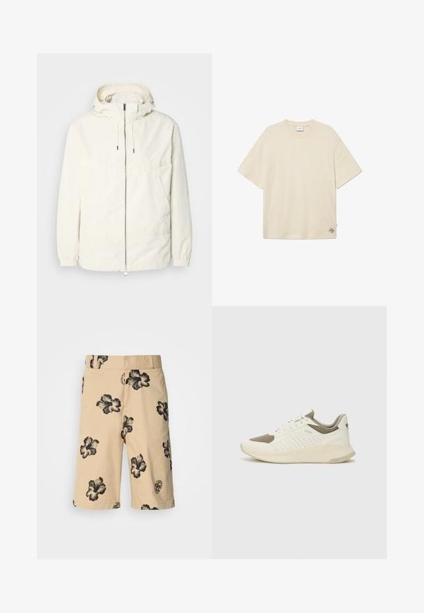 Ľahká, krémová bunda s kapucňou, zipsom vpredu, elastickými manžetami a klokannou vreckom. Hladká tkanina s minimálnymi stehovými detailmi.; Krémové tričko z bavlny s okrúhlym výstrihom, krátkymi rukávmi a nenápadným logom vyšívaným v pravom dolnom rohu.; Béžové šortky s čiernym kvetinovým vzorom hibiscus. Obsahujú elastický pás a logo detail na dolnej strane. Vyrobené z ľahkého materiálu.; Biele a svetlo béžové športové tenisky s hornou časťou z mriežkového materiálu, perforovanými detailmi a textúrovanou medzipodrážkou s logom na päte.