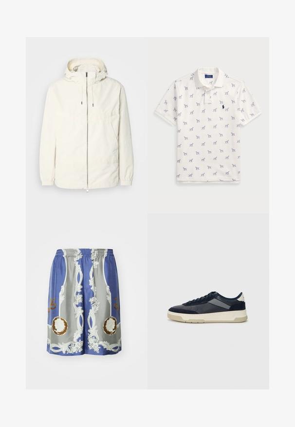 Könnyű, tejszínszínű dzseki kapucnival, cipzáras elülső résszel, rugalmas mandzsettákkal és kenguruzsebbel. Simaszerű anyag minimális varrási részletekkel.; Fehér póló, pamutból készült, ismétlődő kék kutyás mintával és egy kis kék logóval a mellkason. Rövid ujjak és gallér.; Kék és szürke rövidnadrág sima anyagból, díszes fehér és arany mintákkal, virágmintákkal és körkörös formákkal az elején.; BOSS BALTIMORE - Sportcipő - open blue