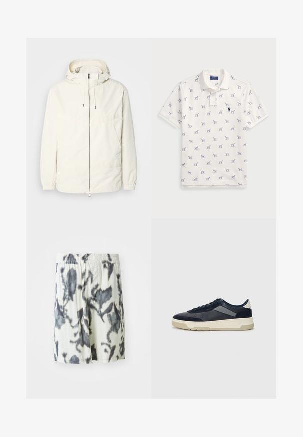 Letthvægts, cremefarvet jakke med hætte, lynlås fortil, elastiske manchetter og en kengurulomme. Glat stof med minimale stingdetaljer.; Hvid polo-shirt lavet af bomuld, med et gentaget blåt hundemønster og et lille blåt logo på brystet. Korte ærmer og krave.; Hvide shorts med et sort tie-dye mønster, der har en elastisk talje og åndbart stof for komfort. Casual design med løs pasform.; BOSS BALTIMORE - Sneakers - open blue
