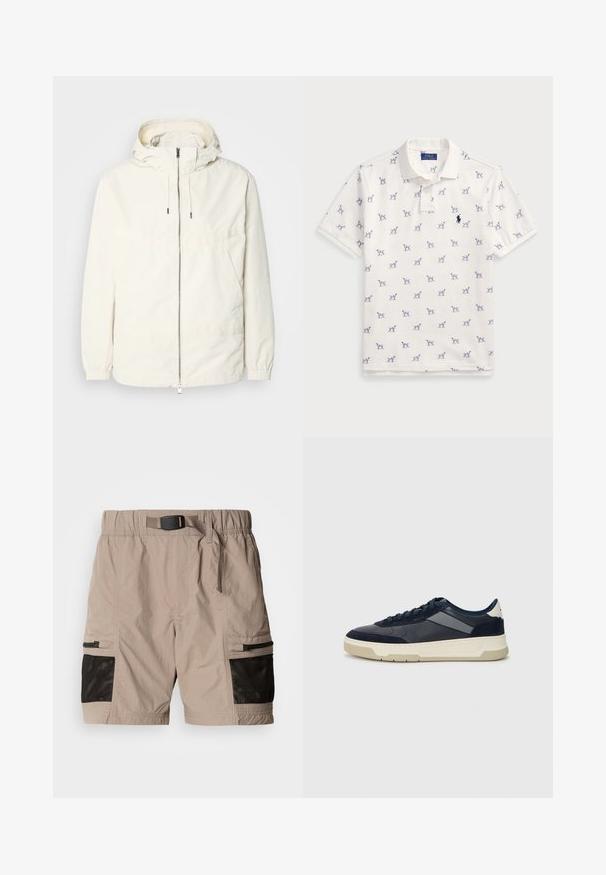 Lengvas, kreminės spalvos švarkas su kapišonu, užtrauktuku priekyje, elastingomis rankovėmis ir kengūros kišene. Lygus audinys su minimaliais siūlių detalėmis.; Balta polo marškiniai, pagaminti iš medvilnės, su pasikartojančiu mėlynu šunų raštu ir mažuoju mėlynu logotipu ant krūtinės. Trumpomis rankovėmis ir apykakle.; Šviesiai rudos spalvos cargo šortai su tekstūriniu audiniu, su juodomis tinklinėmis detalėmis, elastinga juostos juosta ir šoninėmis kišenėmis su užtrauktukais.; BOSS BALTIMORE - Sportbačiai - open blue