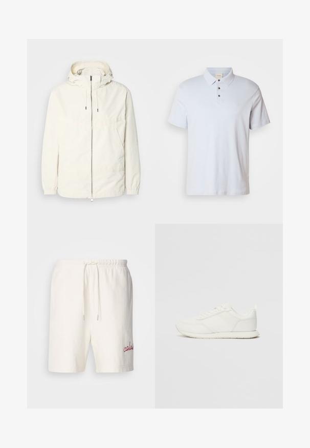 Giacca leggera di colore crema con cappuccio, chiusura frontale con zip, polsini elastici e tasca a marsupio. Tessuto liscio con dettagli di cucitura minimi.; Polo shirt azzurro chiaro in cotone, con una patta a tre bottoni, colletto ripiegato, maniche corte e un piccolo logo sul petto.; Shorts bianchi in cotone con vita elasticizzata e cordino. Presentano la scritta "calvin" ricamata in rosso sulla gamba sinistra. Tessuto morbido, design semplice.; Sneaker bianco con tomaia in rete e materiale sintetico, punta tonda, lacciuoli piatti e una striscia laterale testurizzata. Suola in gomma con linguetta sul retro.