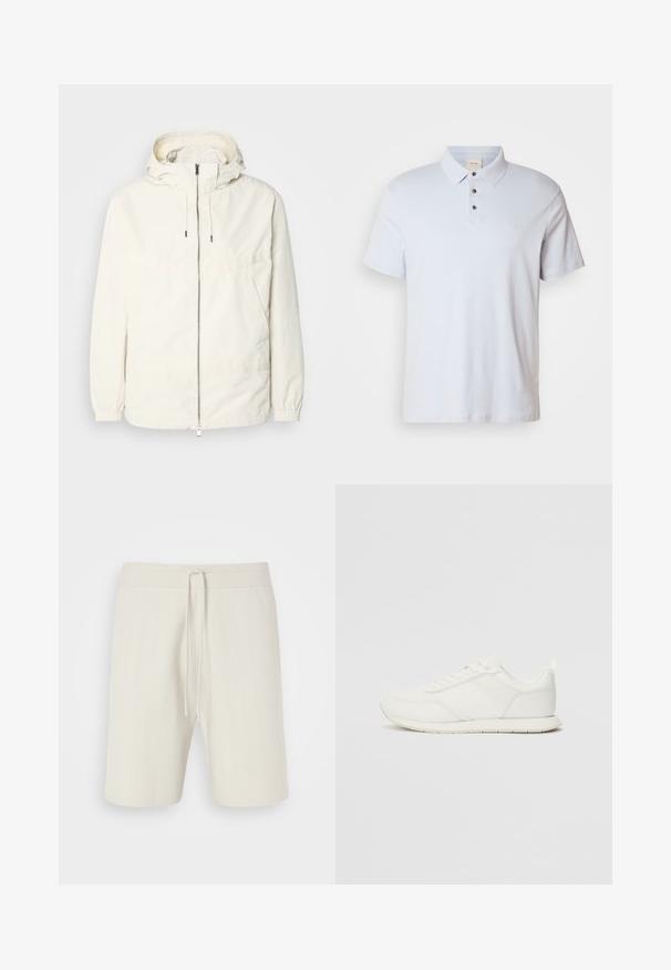 Leichte, cremefarbene Jacke mit Kapuze, Reißverschluss vorne, elastischen Bündchen und einer Kängurutasche. Glattes Gewebe mit minimalen Nähdetails.; Helles blaues Poloshirt aus Baumwolle, mit einer Drei-Knöpfe-Leiste, einem umgeklappten Kragen, kurzen Ärmeln und einem kleinen Logo auf der Brust.; Helle beige Shorts aus strukturiertem Stoff, mit einem elastischen Bund und einem knielangen Design mit dezenten vertikalen Streifen.; Weißer Sneaker mit einem Obermaterial aus Mesh und Synthetik, runder Zehenform, flachen Schnürsenkeln und einem strukturierten Seitenstreifen. Gummisohle mit einer Lasche hinten.