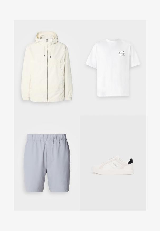 Kevyt, kermaisen valkoinen takki, jossa on huppu, vetoketjusuljenta, joustavat hihansuut ja kengurupocket. Sujuva kangas, jossa on minimaalista ompelutapaa.; Valkoinen puuvillapaita lyhyillä hihoilla, pyöreä kaula-aukko, jossa on musta CK-logo vasemmassa rinnassa, normaali istuvuus, sileä pinta.; Vaaleanharmaat uimapuvut, joissa on elastinen vyötärö, kaksi sivutaskua ja sileä, kevyt kangas. Ei näkyviä kuvioita tai koristeita.; Valkoiset tennarit, joissa on vaaleanpunaisia ja mustia yksityiskohtia, sisältäen sileän nahka- ja mokkapinnan, pyöreä kärki ja litteä kumipohja.