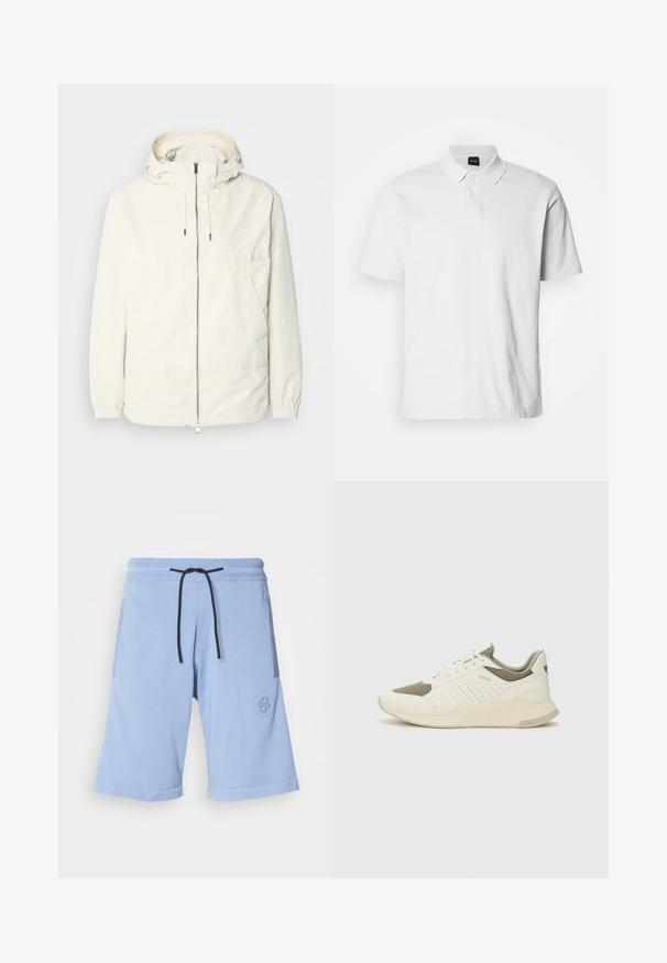 Lekka, kremowa kurtka z kapturem, zapinana na zamek, z elastycznymi mankietami i kieszenią typu kangur. Gładki materiał z minimalnymi detalami szwów.; Biała koszulka polo wykonana z bawełny, z klasycznym kołnierzykiem, dwoma guzikami i subtelnym logo marki wyhaftowanym z przodu. Krótkie rękawy.; Jasnoniebieskie szorty wykonane z miękkiego materiału. Posiadają elastyczny pas z czarnym sznurkiem oraz logo na bocznej kieszeni.; Białe i jasnobeżowe sneakersy sportowe, z siateczkową cholewką, perforowanymi detalami oraz teksturowaną podeszwą śródstopia z brandingiem na pięcie.