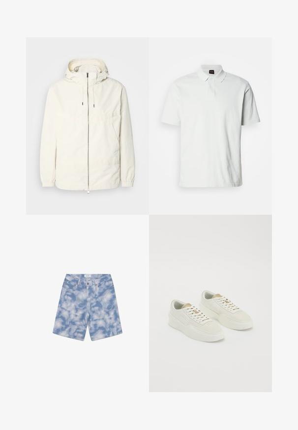 Chaqueta ligera de color crema con capucha, cierre de cremallera en la parte delantera, puños elásticos y un bolsillo tipo canguro. Tejido suave con detalles de costura mínimos.; Camiseta polo blanca de algodón, con un cuello clásico, dos botones y un sutil logo de la marca bordado en la parte delantera. Mangas cortas.; Shorts de denim azul claro con un estampado de nubes. Hechos de algodón, tienen un diseño clásico de cinco bolsillos y un cierre de botón.; Un par de zapatillas bajas de color blanco roto con acentos beige, suelas gruesas y cordones blancos sobre un fondo blanco liso.