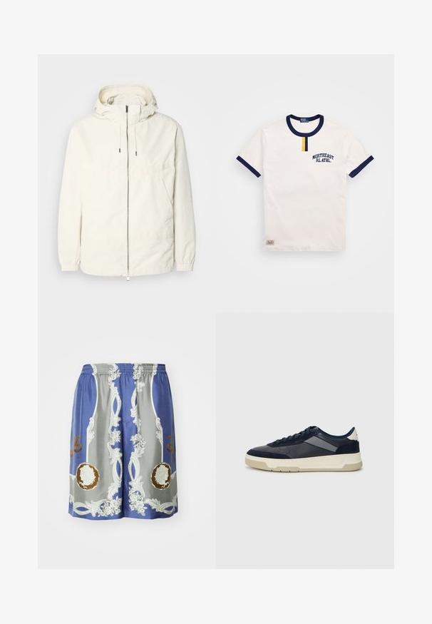 Lehká, krémově zbarvená bunda s kapucí, zipem vpředu, elastickými manžetami a klokaní kapsou. Hladká látka s minimem švových detailů.; Bílý bavlněný tričko s námořnickou modrou kulatou výstřih a akcenty na rukávech. Obsahuje malou žlutou knoflíkovou dekoraci a vyšitý nápis "NORTHEAST RL ATHL."; Modré a šedé šortky vyrobené z hladkého materiálu, s ozdobnými bílými a zlatými vzory, květinami a kruhovými designy na přední straně.; BOSS BALTIMORE - Tenisky - open blue