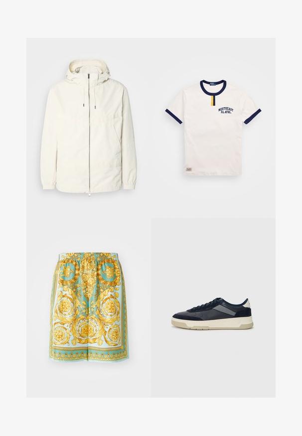 Lightweight, cream-colored jacket with a hood, zip front, elastic cuffs, and a kangaroo pocket. Smooth fabric with minimal stitching details.; White cotton t-shirt with navy blue round neckline and sleeve accents. Features a small yellow button detail and embroidered "NORTHEAST RL ATHL."; Shorts in a vibrant turquoise with intricate gold floral and baroque patterns, featuring an elastic waistband and a relaxed fit.; BOSS BALTIMORE - Trainers - open blue