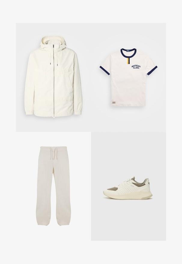 Gaisas, krēmkrāsas jaka ar kapuci, ar rāvējslēdzēju priekšpusē, elastīgām aprocēm un kangaroo kabatu. Gluda auduma virsma ar minimālām šuvju detaļām.; Balta kokvilnas T-kreklu ar tumši zilu apaļu kakla izgriezumu un piedurkņu akcentiem. Iezīmē mazu dzeltenu pogu detaļu un izbordētu "NORTHEAST RL ATHL."; Gai bežīgas lina bikses ar gumiju un auklu jostas vietā. Taisna kāju dizains ar gludu tekstūru un vieglu sašaurinājumu pie potītēm.; Baltas un gaiši bež sporta apavi, ar sieta augšdaļu, perforētiem detaļām un teksturētu vidusdaļu ar zīmolu uz papēža.