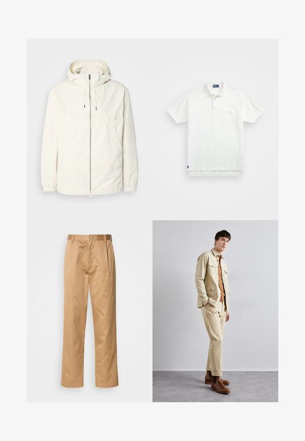 Leichte, cremefarbene Jacke mit Kapuze, Reißverschluss vorne, elastischen Bündchen und einer Kängurutasche. Glattes Gewebe mit minimalen Nähdetails.; Weißes Poloshirt aus Baumwolle, mit klassischem Kragen, Drei-Knopf-Leiste und einer linken Brusttasche; kleines Logo am Saum.; Khaki-Hosen aus Baumwollmischung, im geraden Schnitt, mit Vorderfalten, Gürtelschlaufen und Knopfverschluss. Glatte Textur ohne Muster.; Beige Baumwolljacke mit zwei Brusttaschen über einem braunen Hemd und passenden beigen Hosen. Braune Lederstiefeletten runden das Outfit ab.