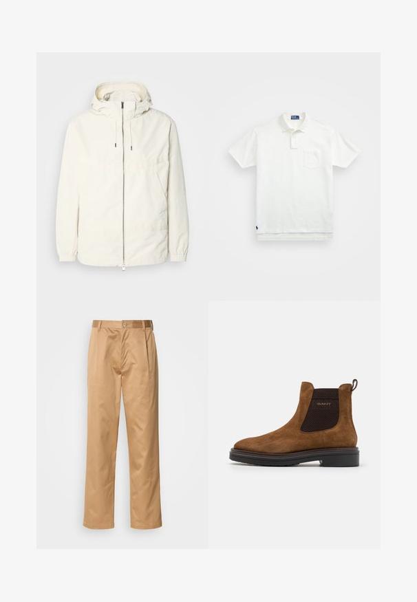 Lagani, kremasti kaput s kapuljačom, zatvaranjem na zip, elastičnim manžetama i kengur džepom. Glatka tkanina s minimalnim detaljima šivanja.; Bijela polo majica napravljena od pamuka, s klasičnom ovratnikom, trodijelnim zakopčavanjem i džepom na lijevoj strani prsiju; mali logo na rubu.; Khač pantaloni, mješavina pamuka, ravnog kroja, s prednjim nabora, petljama za remen i kopčanjem na gumb. Glatka tekstura bez uzoraka.; Smeđe nubuk gležnjače s okruglim vrhom i elastičnim bočnim panelima. Imaju crni teksturirani detalj i petnu petlju. Crna potplata.