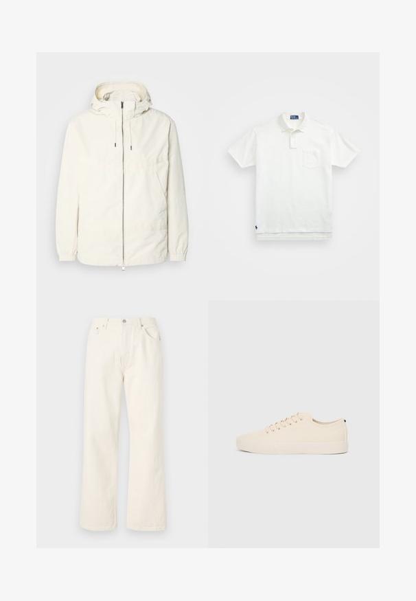 Giacca leggera di colore crema con cappuccio, chiusura frontale con zip, polsini elastici e tasca a marsupio. Tessuto liscio con dettagli di cucitura minimi.; Polo bianco in cotone, con colletto classico, placca con tre bottoni e taschino sul lato sinistro del petto; piccolo logo sull'orlo.; Jeans a gamba larga color crema realizzati in denim, con un classico design a cinque tasche e chiusura con bottone metallico in vita.; Sneaker in tela beige con punta rotonda, suola in gomma piatta e lacci sulla parte anteriore. Presenta un design minimalista e un accento nero a contrasto sul tallone.