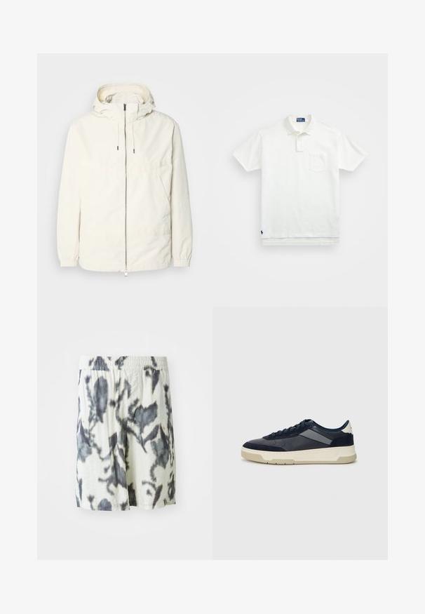 Lichte, crèmekleurige jas met een capuchon, rits aan de voorkant, elastische manchetten en een kangoeroezak. Glad materiaal met minimale stikdetails.; Witte poloshirt van katoen, met een klassieke kraag, een knoopsluiting met drie knopen en een borstzak aan de linkerkant; klein logo aan de onderrand.; Witte shorts met een zwart tie-dye patroon, voorzien van een elastische tailleband en ademend materiaal voor comfort. Casual ontwerp met een losse pasvorm.; BOSS BALTIMORE - Sneakers laag - open blue