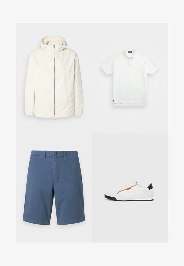 Ľahká, krémová bunda s kapucňou, zipsom vpredu, elastickými manžetami a klokannou vreckom. Hladká tkanina s minimálnymi stehovými detailmi.; Biela polo tričko vyrobené z bavlny, s klasickým golierom, trojbuttonovou légou a vreckom na ľavej hrudi; malé logo na spodnom leme.; GAP VINTAGE - Šortky - frozen lake; Biele športové topánky s akcentmi z korku a kože. Obsahujú zlaté logo "BOSS", textúrované bočné panely a čierny pätník. Gumová podrážka.