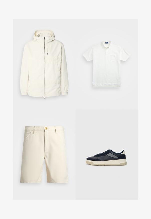 Lehká, krémově zbarvená bunda s kapucí, zipem vpředu, elastickými manžetami a klokaní kapsou. Hladká látka s minimem švových detailů.; Bílá polo košile vyrobená z bavlny, s klasickým límcem, tříknoflíkovou légou a kapsičkou na levé straně hrudi; malá nášivka na lemu.; Béžové šortky vyrobené z lehkého materiálu, se zapínáním na knoflík, poutky na opasek a bočními kapsami. Jednoduchý design s čistými liniemi.; BOSS BALTIMORE - Tenisky - open blue