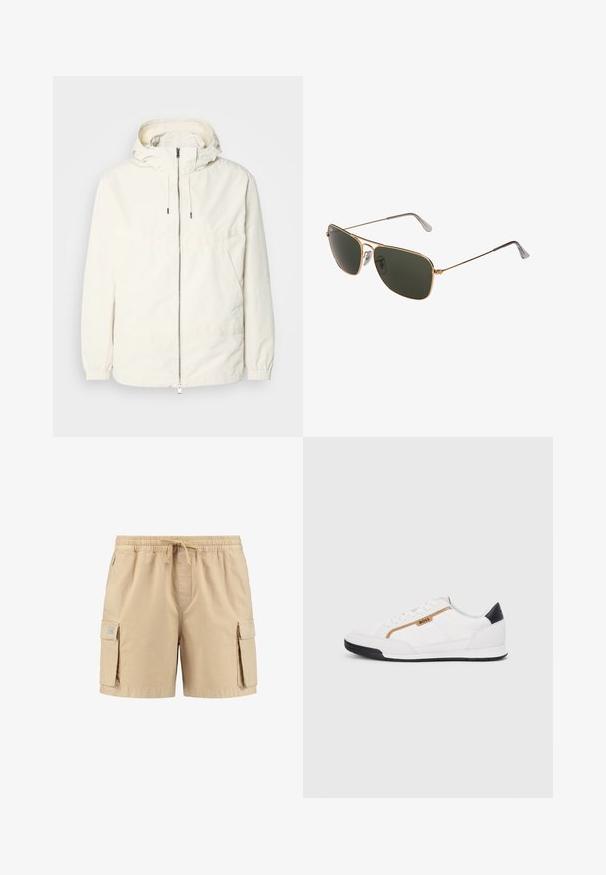 Kevyt, kermaisen valkoinen takki, jossa on huppu, vetoketjusuljenta, joustavat hihansuut ja kengurupocket. Sujuva kangas, jossa on minimaalista ompelutapaa.; Valkoinen puuvillapaita, jossa on klassinen kaulus, kolmen napin malli ja vasemmalla rintatasku; pieni logo helman kohdalla.; Beige cargo shortsit, joissa on joustava vyötärö, naru ja kaksi sivutaskua. Ne ovat sileäpintaiset ja niissä on minimaalinen ommeltyö.; Valkoiset urheilukengät, joissa on verkkokudosta ja nahkaosia. Varustettu kultaisella "BOSS"-logolla, tekstuurillisilla sivupaneeleilla ja mustalla kantapäällä. Kumikanta.; Kultaiset metalliset pilottilasit, joissa on suuret tummanvihreät linssit, ohuella kehyksellä ja läpinäkyvillä nenätyynyillä mukavuuden lisäämiseksi.